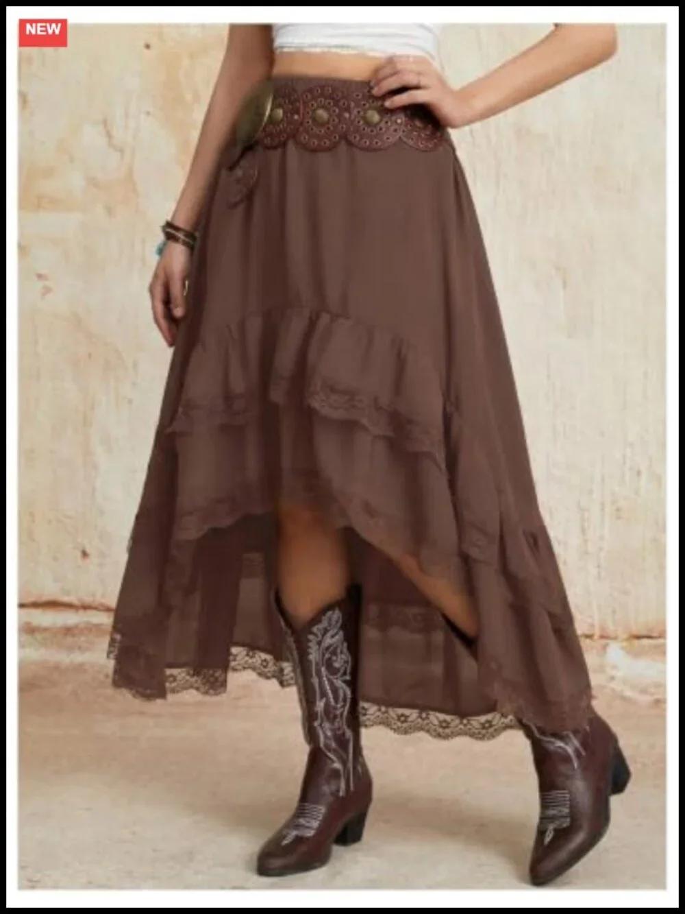 Women's Western Cowgirl Boho Lace Skirt Flowy Country Concert Outfit